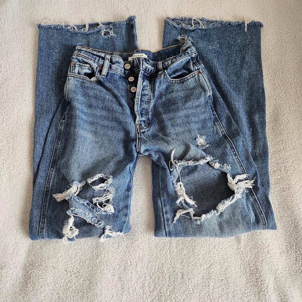 PacSun baggy blue denim jeans with ripped details ,wideleg, buttonfly 25 in